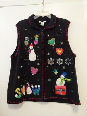 Vtg Christmas Sweater Vest Full Zip Grannycore Snowman Whimsical  XL Applique